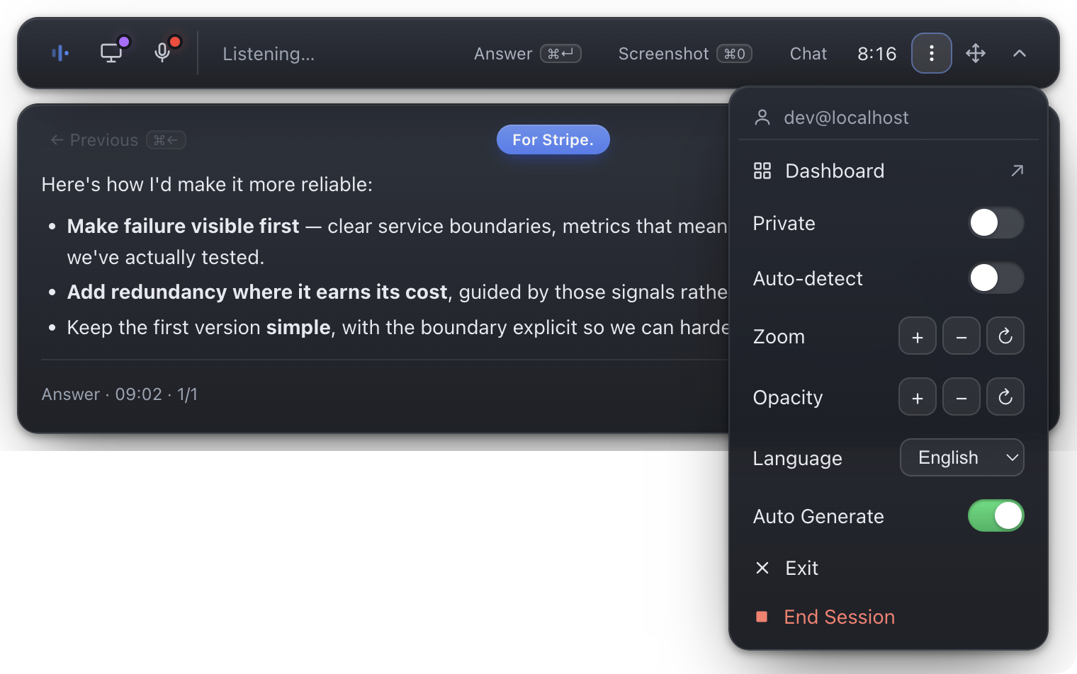 Beak's live overlay with the settings menu open